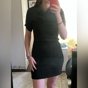 Short Sleeve Black Knit Sweater Dress with Cowl Neck